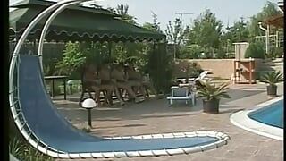 Dishrag fuckslut degrade by four penises by the pool