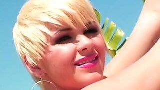 Dudes facialize horny slut with nice tits after eating her pussy and getting BJs