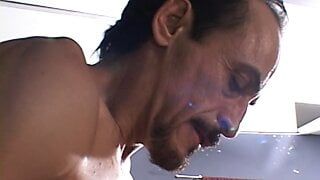 Randy babe gets dick in her mouth cunt and ass in gangbang, then takes facial