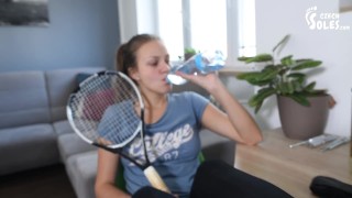 Relaxing her sweaty feet after a tennis match (POV foot worship, sneakers, gym socks, close up feet)