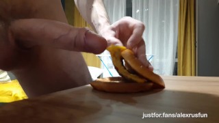 Sporty teen fucks burger with his big dick